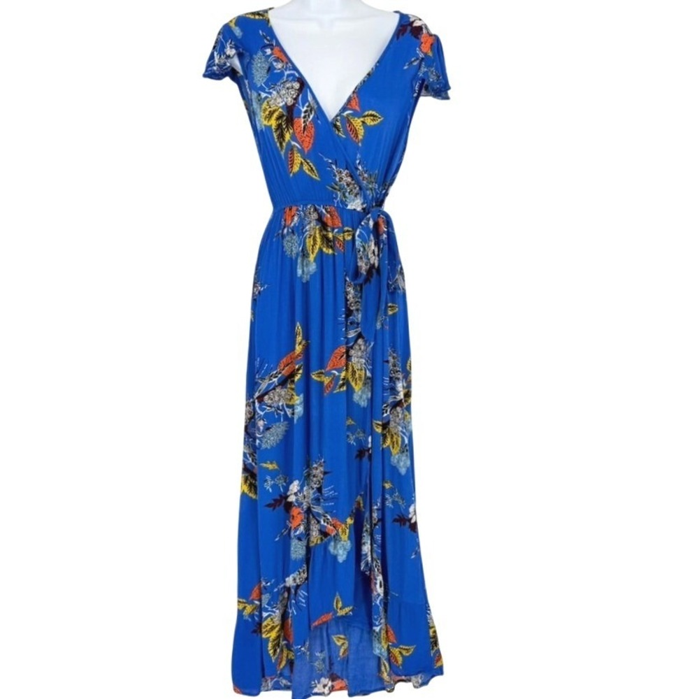 Band of Gypsies Blue Floral Wrap Maxi Dress XS Flutter Sleeve Flowy Fairycore